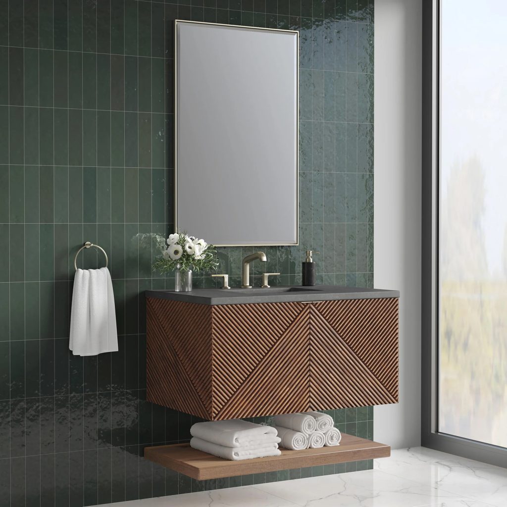 leuven floating vanity wood charcoal soapstone Leuven Floating Vanity in wood finish with charcoal soapstone countertop and open shelf