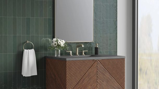 Leuven Floating Vanity in wood finish with charcoal soapstone countertop and open shelf